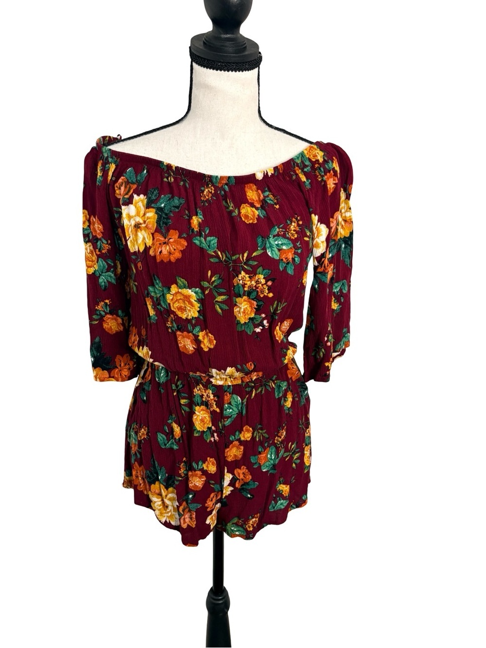 Streetwear Society Floral Off Shoulder Romper Size M Burgundy Boho